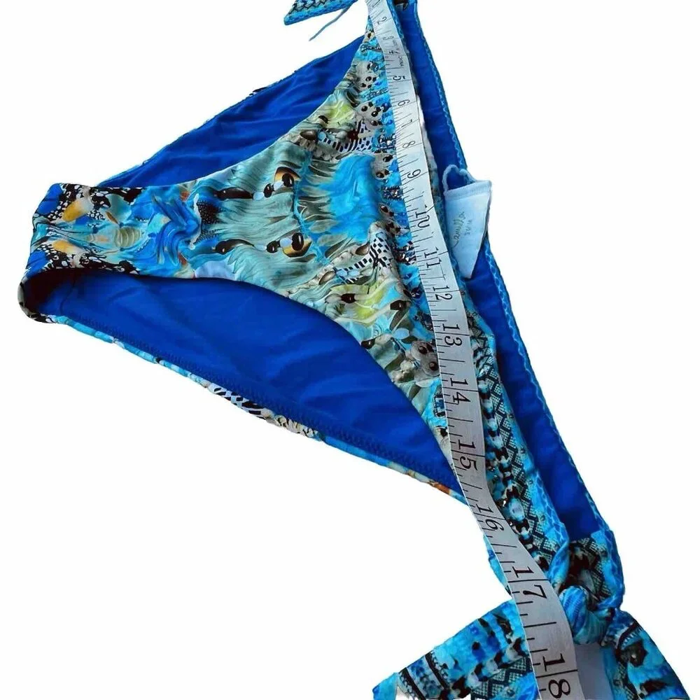 Camilla - Women's XL Bikini Bottom Side Tie Adjustable Blue Gem Beaded Luxury - Picture 9 of 10